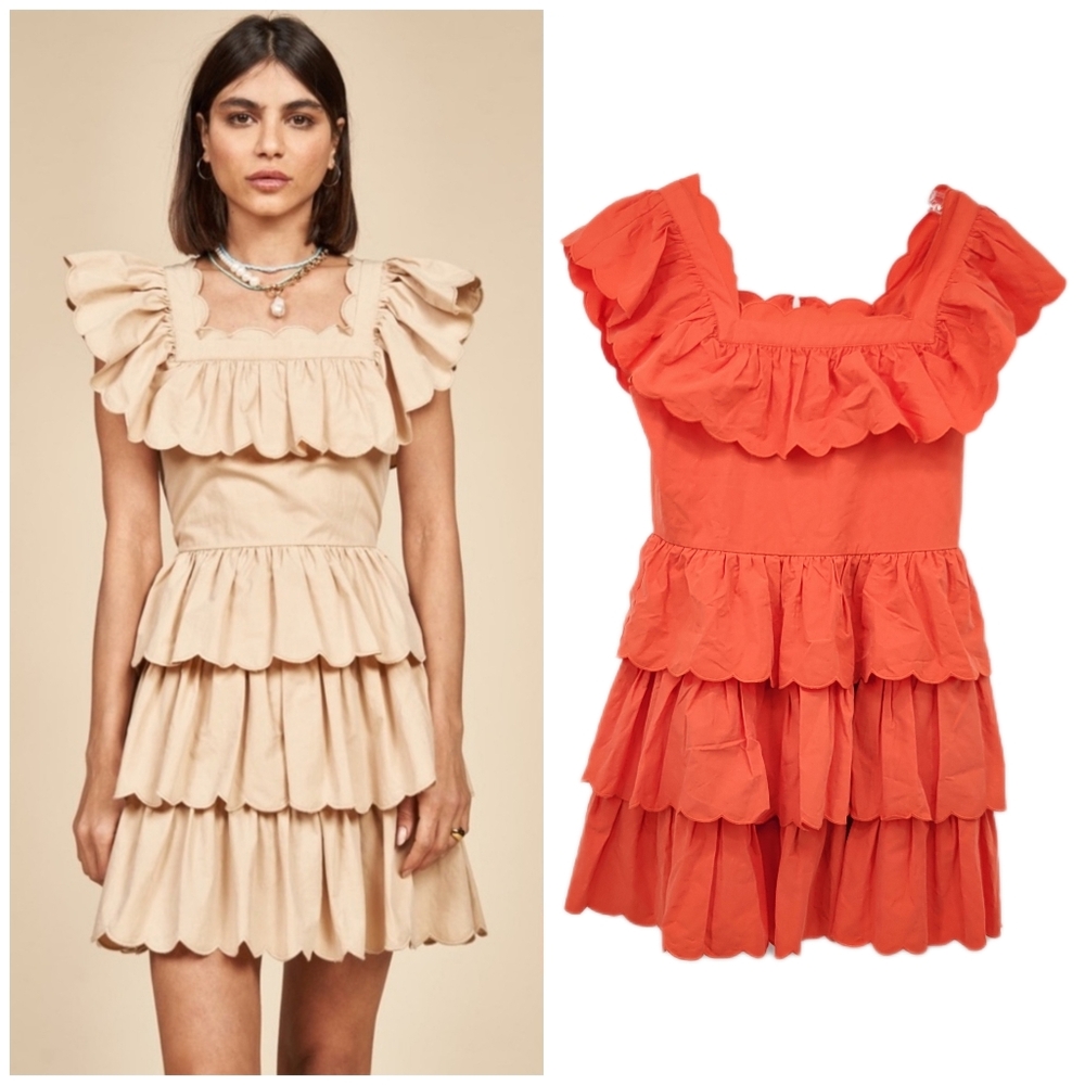 HUNTER BELL Ruffle Tiered Mini Dress in Beige and Coral